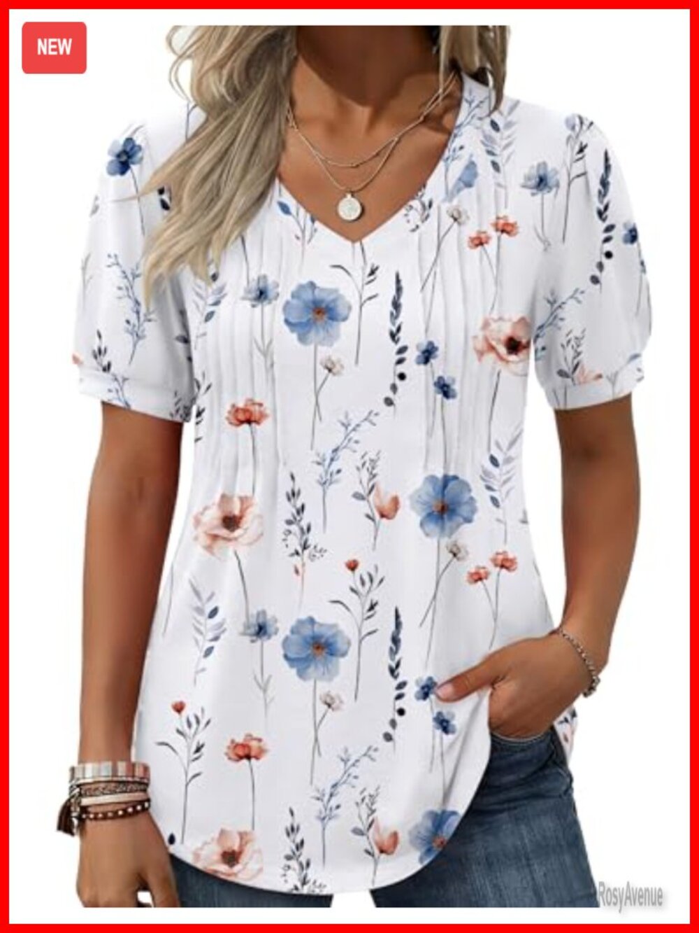 Puff Sleeve V Neck Tunic Blouse Pleated Flowy Summer Top